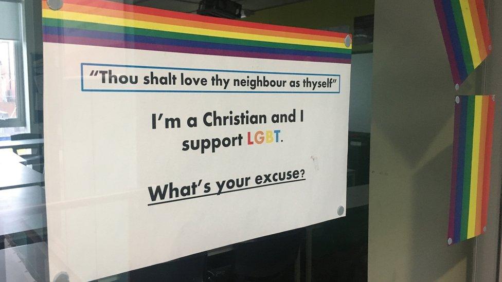 A sign put up by one of Daniel's Christian colleagues in their classroom supporting gay rights