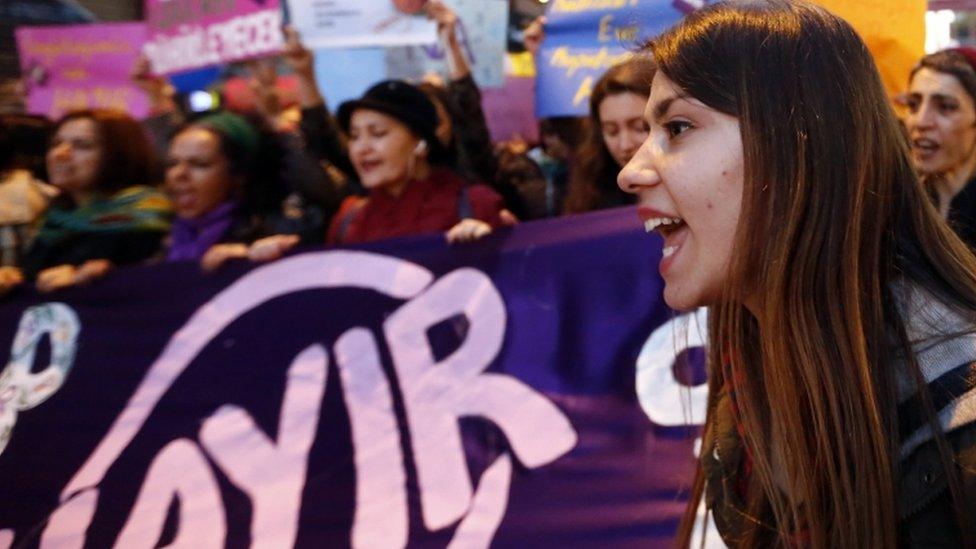 A "no" campaigner shouts slogans in Istanbul