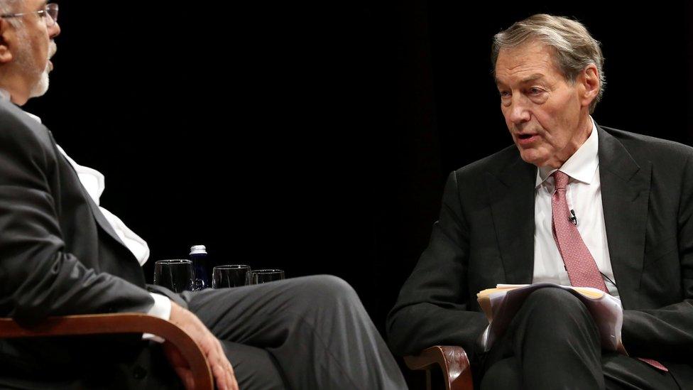 Charlie Rose questions Iranian Foreign Minister Mohammad Javad Zarif at an event held in conjunction with the 72nd United Nations General Assembly in Manhattan, New York, September 27, 2017