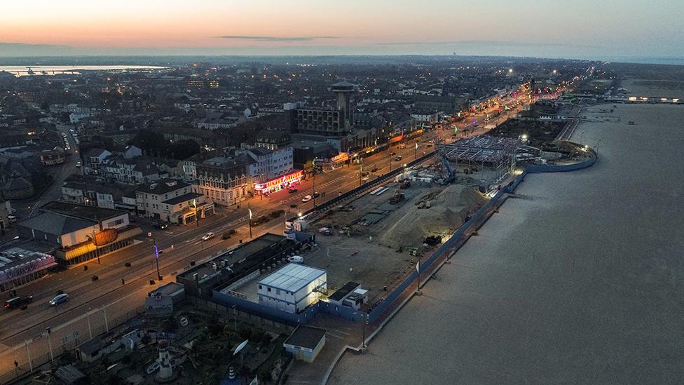 Aerial view of Great Yarmouth Golden Mile at dusk