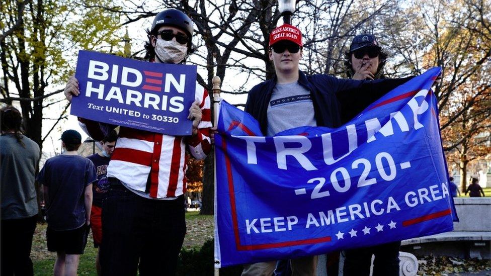 Trump and Biden supporters in Madison, Wisconsin, on November 7, 2020