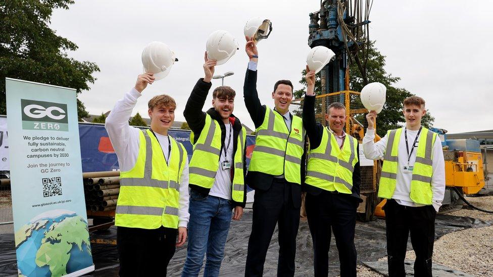 Cheltenham MP Alex Chalk and GC Principal Matthew Burgess with students from the college