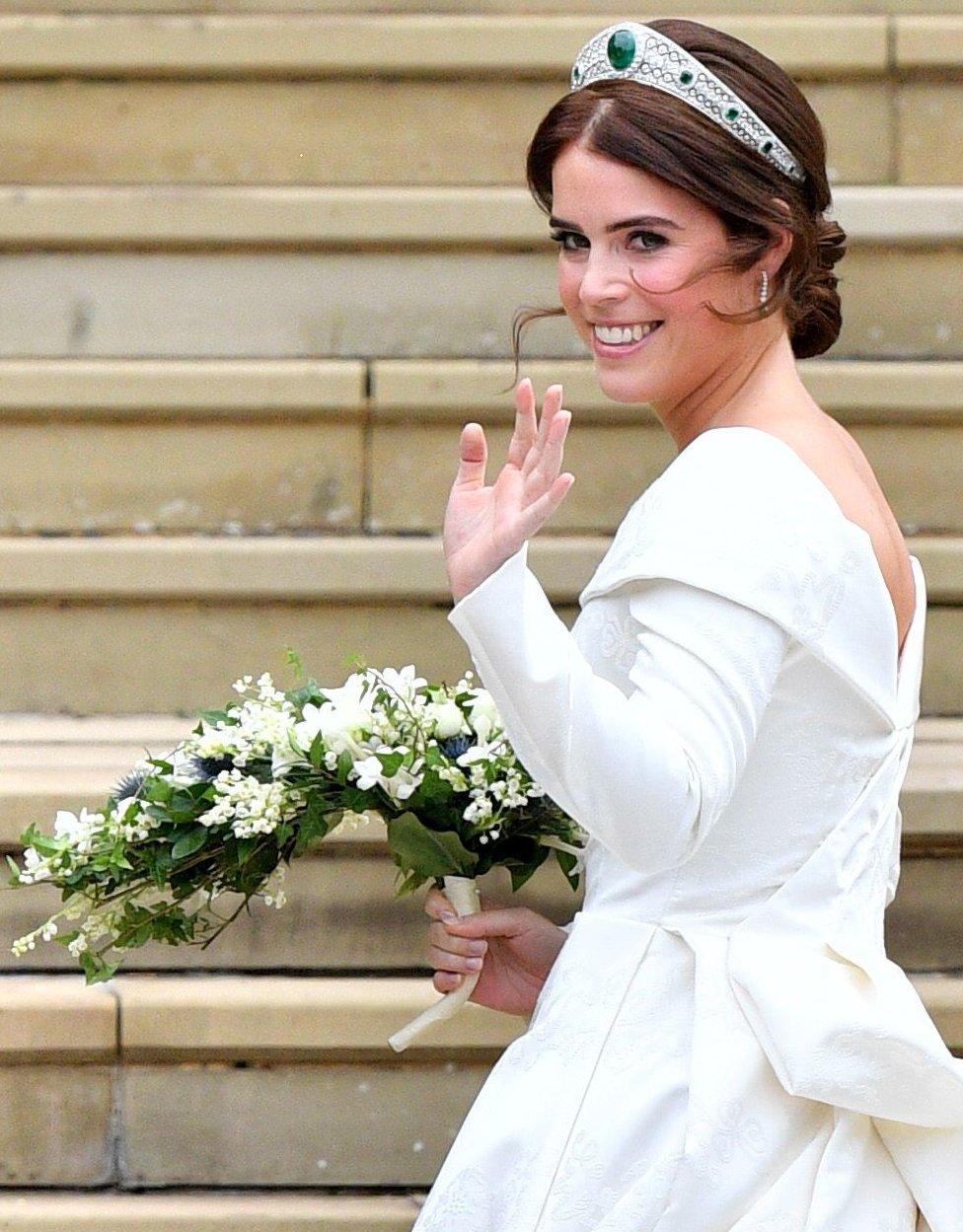 The bride Princess Eugenie of York arrives in her car for her Royal wedding