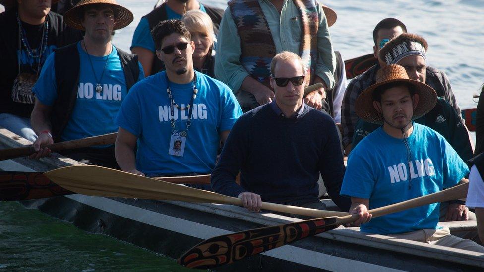 The Duke of Cambridge, paddles a canoe with members of the Haida First Nation in Haida Gwaii, British Columbia on September 30, 2016.