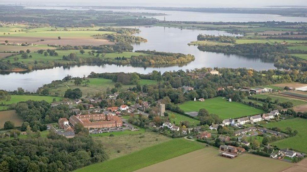 Aerial view of Alton Water, with Tattingstone in the foreground