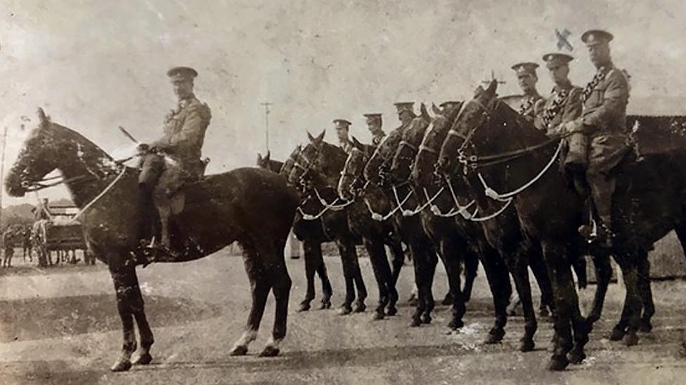 Herbert Pope and other World War One soldiers on horseback