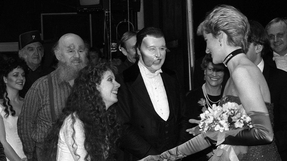 Michael Crawford and Sarah Brightman meet the Princess of Wales at the gala opening in 1986