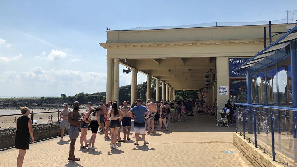 Visitors queued outside a fish and chip shop at Barry