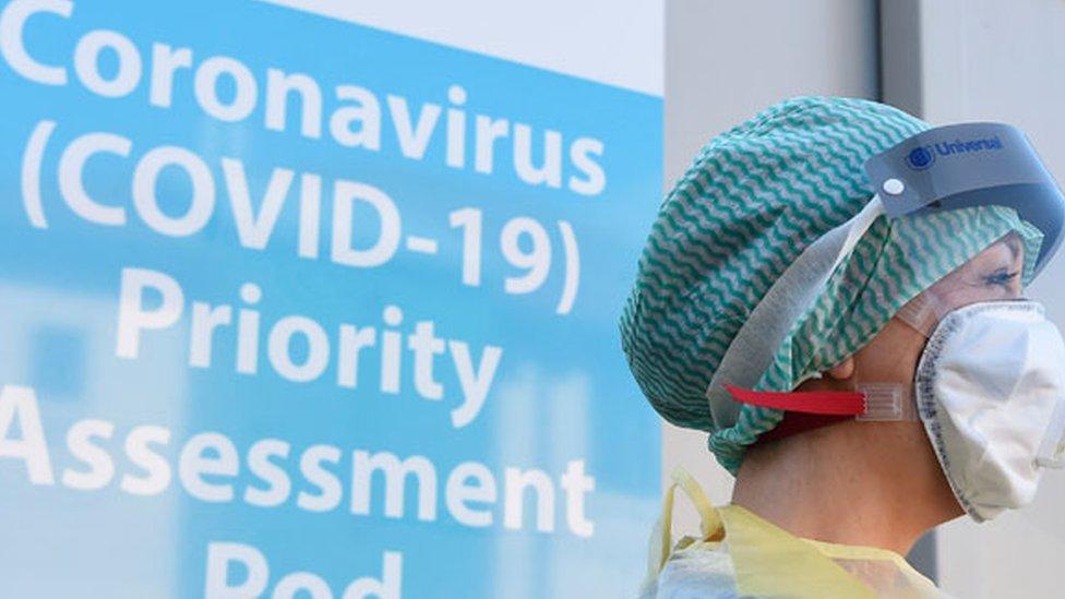 An Emergency Department Nurse during a demonstration of the Coronavirus pod and COVID-19 virus testing procedures set-up beside the Emergency Department of Antrim Area Hospital, Co Antrim in Northern Ireland