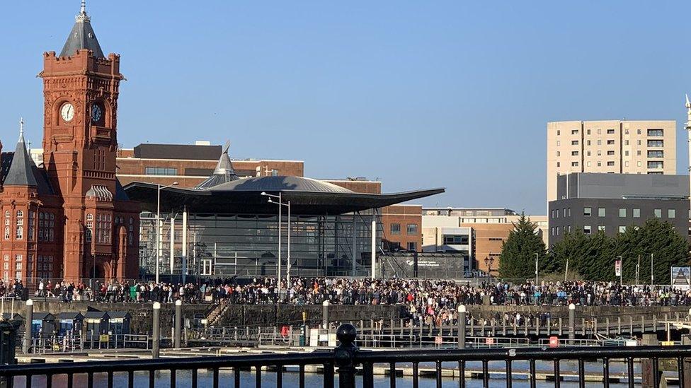 Crowds on Cardiff Bay