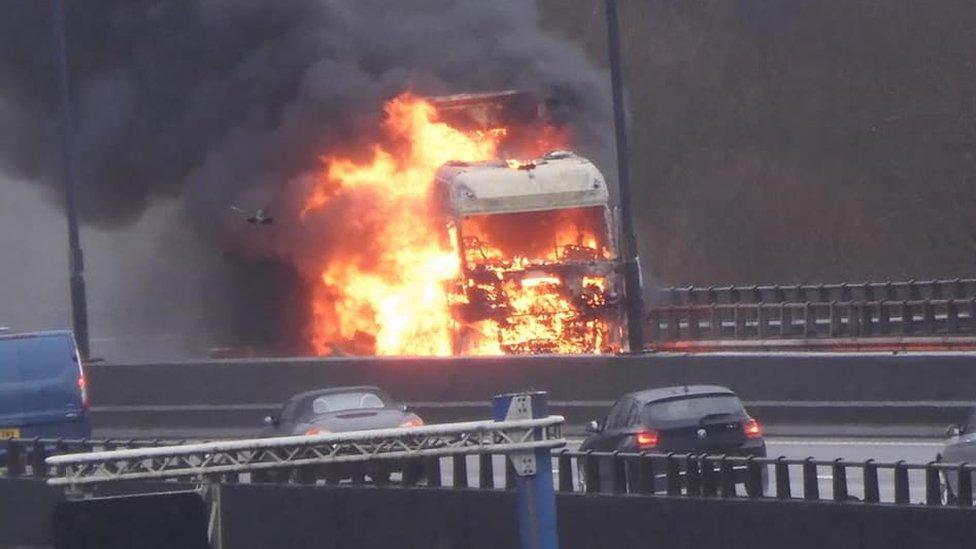 A lorry on fire