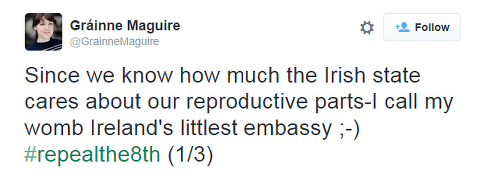 Tweet by Grainne Maguire: "Since we know how much the Irish state cares about our reproductive parts-I call my womb Ireland's littlest embassy ;-) #repealthe8th (1/3)"