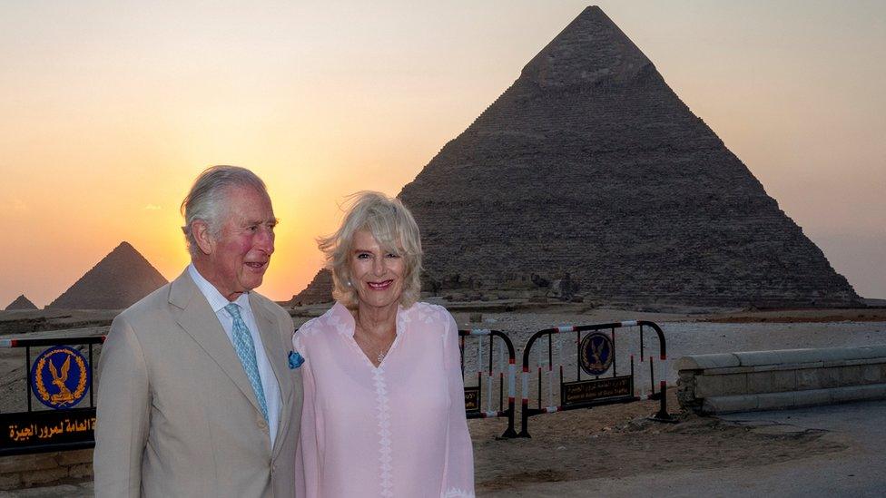 Prince Charles and the Duchess of Cornwall pose in front of the Great Pyramids of Giza, on the outskirts of Cairo, Egypt