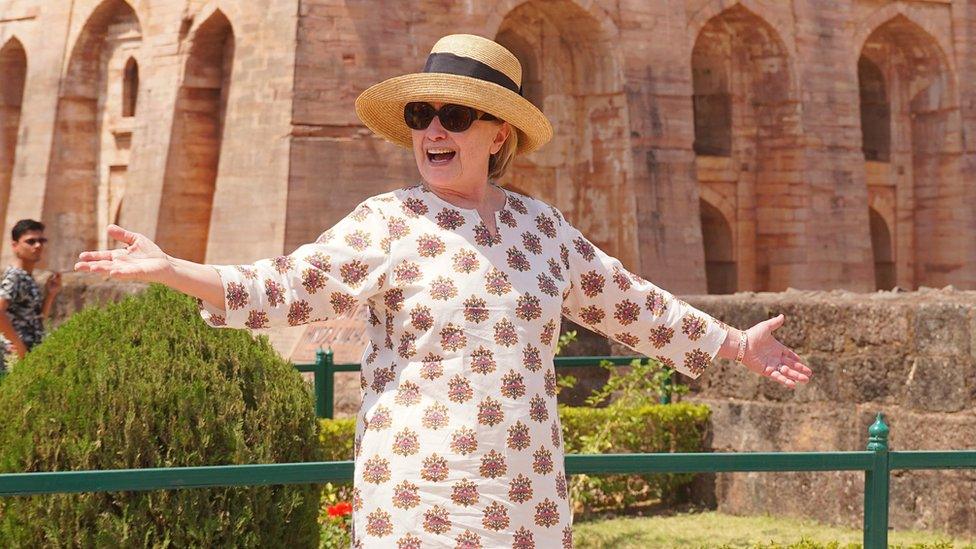 Hillary Clinton tours the Hindola Mahal monument in Madhya Pradesh on Monday