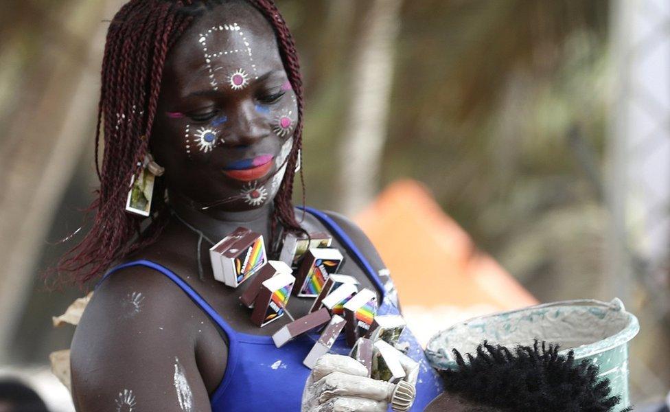 Ivorians take part in the festival of Abissa in Grand-Bassam, Ivory Coast, 04 November 2017. The feast of the Abissa, a feast of rejoicing organized by the N"Zima community to symbolize the concepts of democracy and social justice. The N"Zima, a people of Ghanaian origin, finds herself around her leader and to the sounds of the tams-tams to take stock of the past year, and eventually denounce the injustices committed, or confess them publicly within the framework As part of a request for forgiveness to the people and an repentance. The festival of Abissa is celebrated each year between the end of October and the beginning of November.