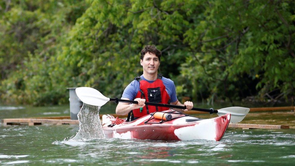 Canada"s Prime Minister Justin Trudeau paddles a kayak to mark World Environment Day on the Niagara River, that borders with the United States, in Niagara-on-the-Lake, Ontario, Canada June 5, 2017.