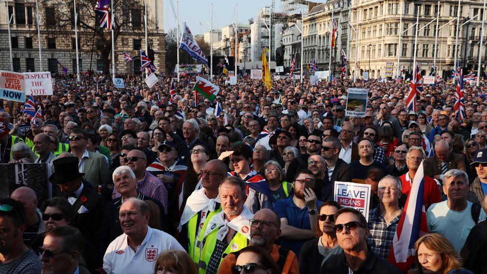 Pro Brexit demonstrators gather for a speech by Nigel Farage in central London