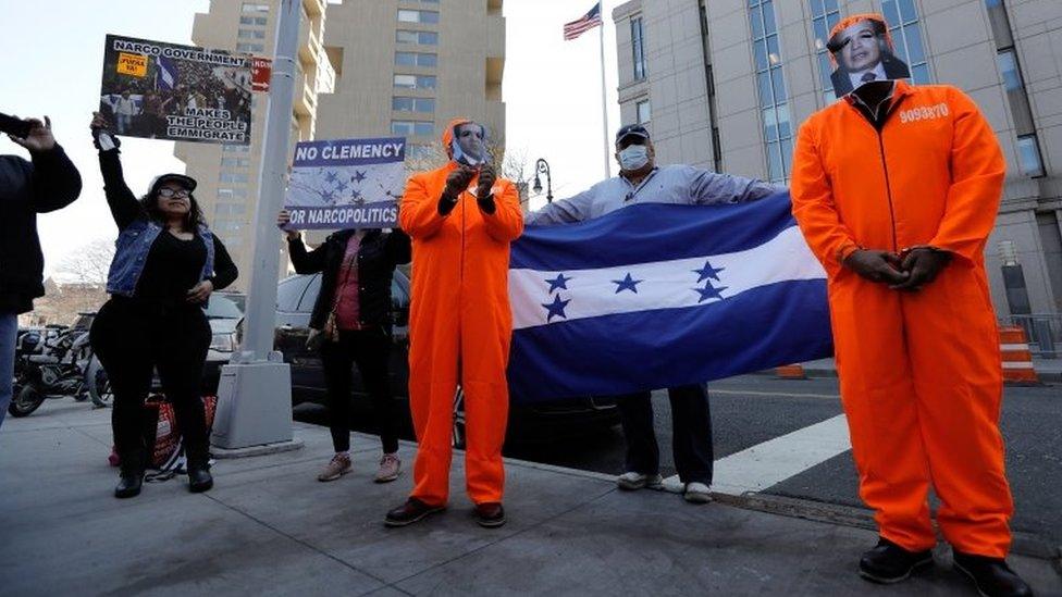 Supporters of Justice for Honduras gather outside Federal Court in New York, USA, 30 March 2021. Former Honduran congressman Juan Antonio "Tony" Hernandez, brother of the Honduran President Hernandez, will be sentenced for participating in a conspiracy to traffic cocaine to the United States that involved use of machine guns. He was convicted in October 2019.