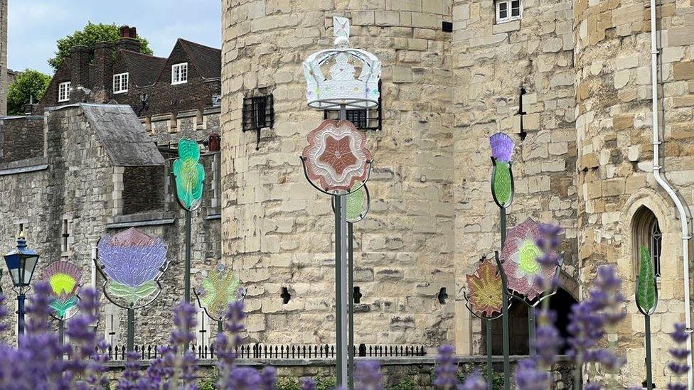 The glass art installation at the tower