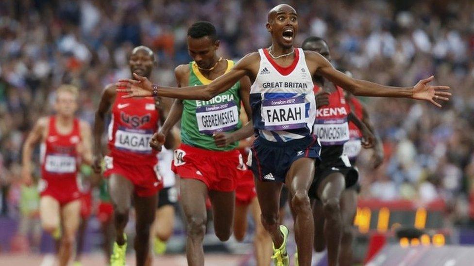 Britain's Mo Farah reacts as he wins the men"s 5000m final at the London 2012 Olympic Games