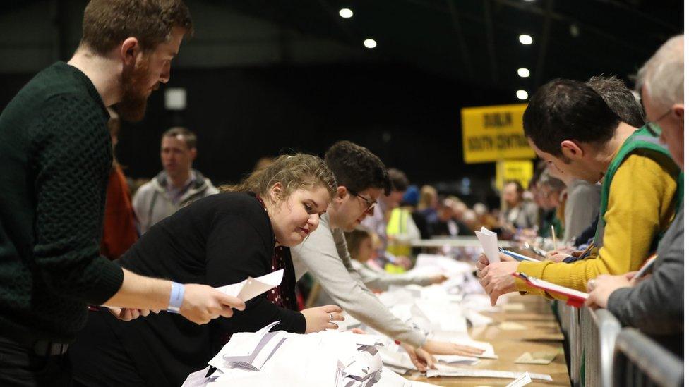 Voting papers are organised at the counting centre at the RDS in Dublin