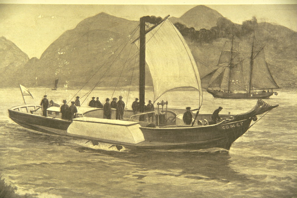 An illustration of the Comet passing Dumbarton Castle