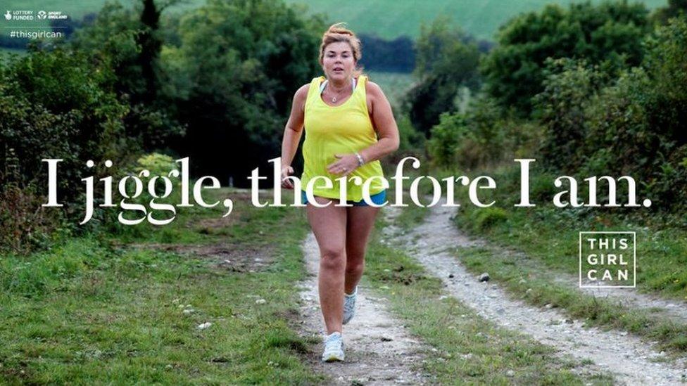 An image of a woman running with the words "I jiggle, therefore I am" for the This Girl Can campaign.