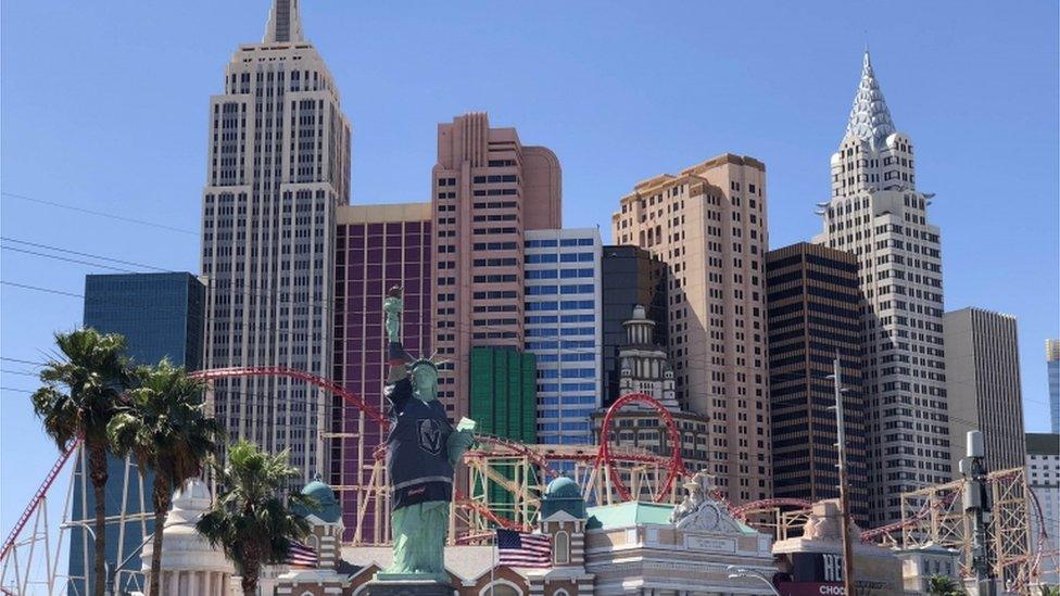 The New York-New York Hotel and Casino in Las Vegas, with Mr Davidson's Lady Liberty decked out in a Vegas team's jersey before a game