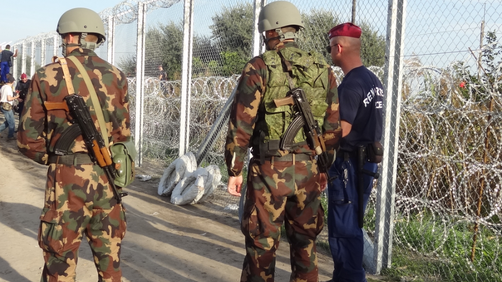 Hungarian army and police on the border with Serbia