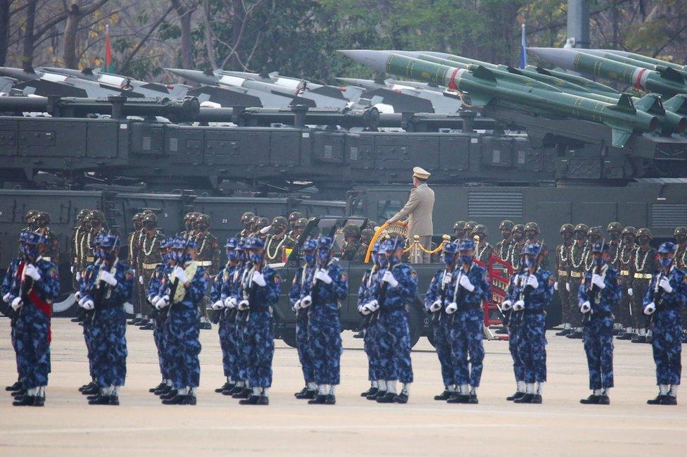 Myanmar's junta chief Senior General Min Aung Hlaing, who ousted the elected government in a coup on February 1, presides an army parade on Armed Forces Day in Naypyitaw, Myanmar, March 27, 2021.