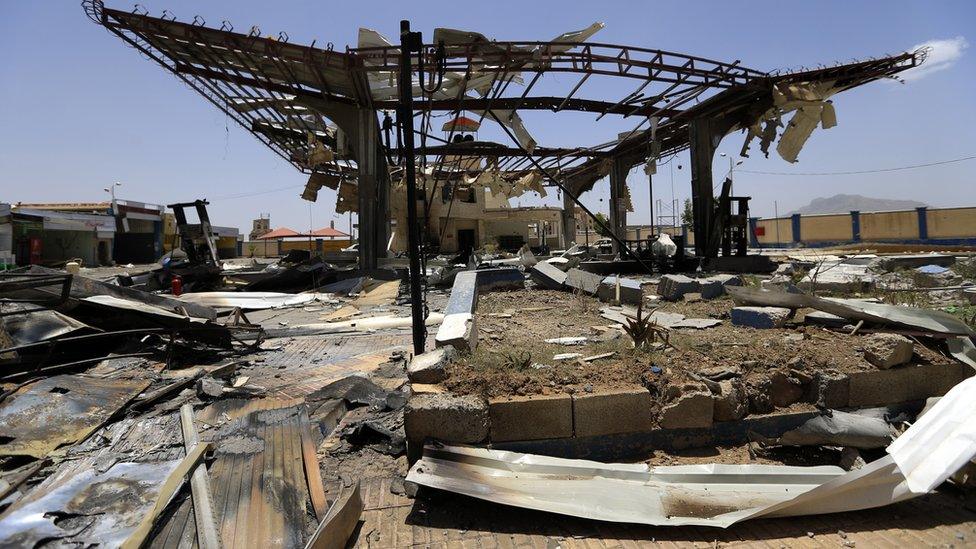 Destroyed petrol station in Sanaa