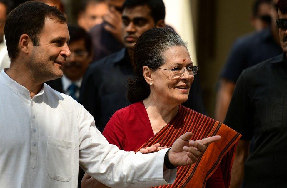 Indian Congress party senior leader Sonia Gandhi with her son Congress party president Rahul Gandhi after filing her nomination papers for the general election in Rae Bareilly on April 11, 2019