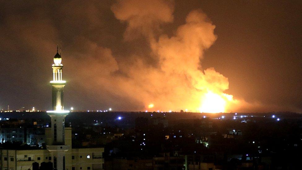 Smoke and flames rise after Israeli warplanes launched airstrikes in Khan Yunis, Gaza