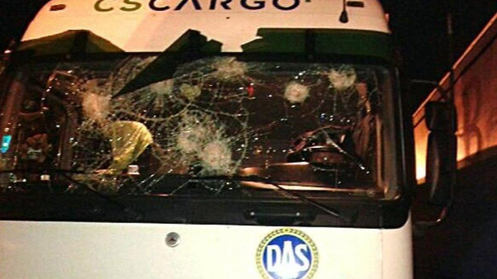 Damaged lorry in Calais