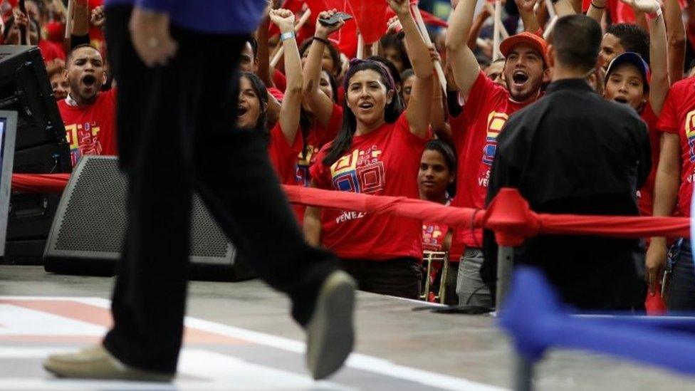 Supporters of Somos Venezuela (We are Venezuela) movement cheer on Venezuela's President Nicolas Maduro during an event in Caracas, Venezuela February 7, 2018.