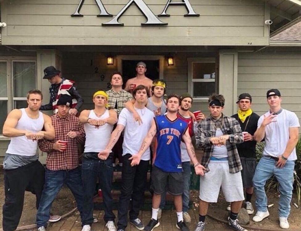 Members of the Lambda Chi Alpha fraternity at Cal Poly posing as Mexican gangsters