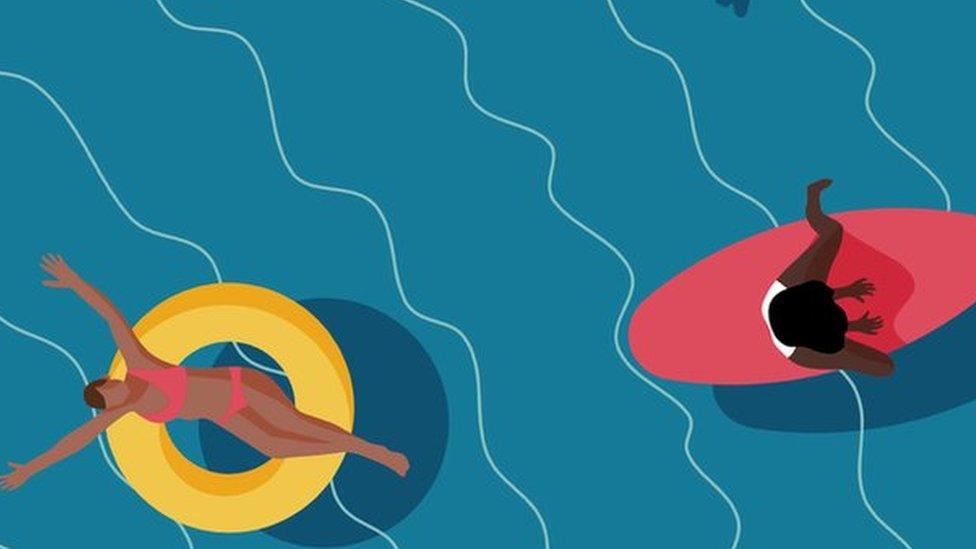 an illustration of swimmers floating in the sea with inflatable rings and surfboards