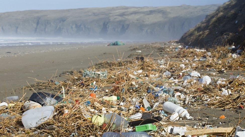 plastic waste on Penhale beach Cornwall