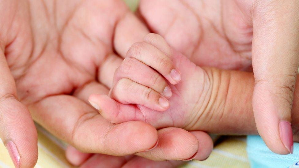 Parents holding baby's hand