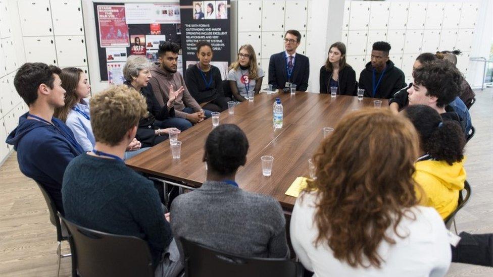 Theresa May meeting students and staff at Dunraven School