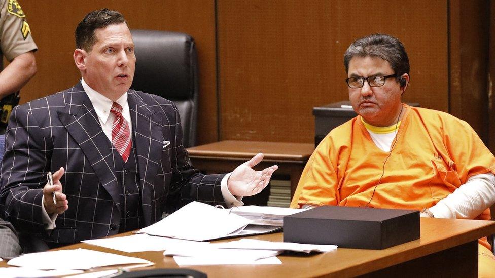 Naason Joaquin Garcia (R), the leader of a Mexico-based La Luz del Mundo evangelical church, along with his defense attorney Ken Rosenfeld (L), attend a bail review hearing at Los Angeles Superior Court, in Los Angeles