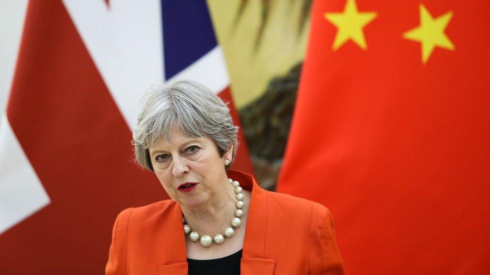 British Prime Minister Theresa May speaks at a press conference in the Great Hall of the People on January 31, 2018 in Beijing, China