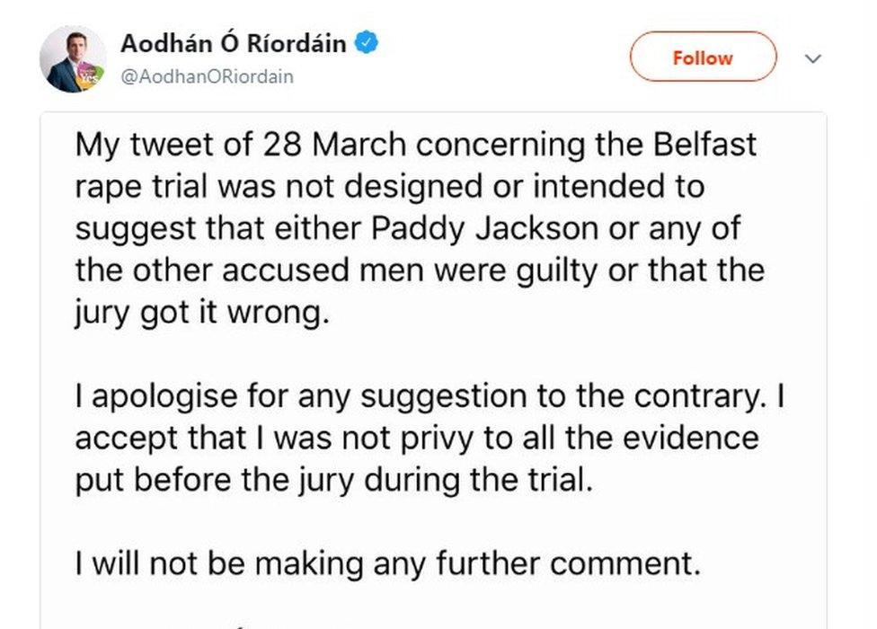 Aodhán Ó Ríordáin's apology