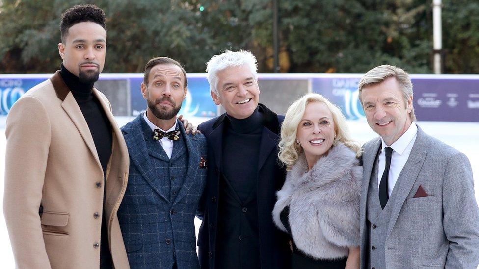 Phillip Schofield poses with judges Ashley Banjo, Jason Gardiner, Jane Torvill and Christopher Dean