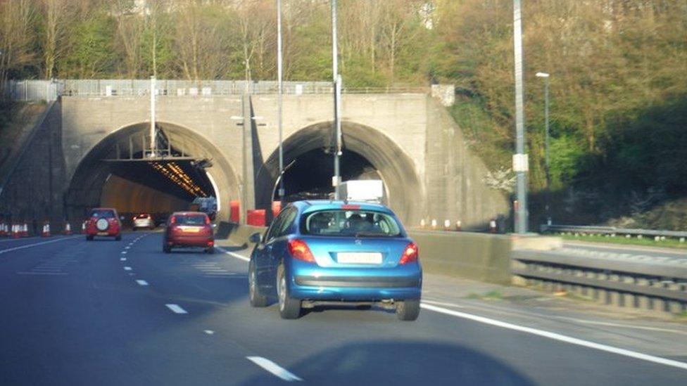 The eastbound entrance to the Brynglas Tunnels on the M4