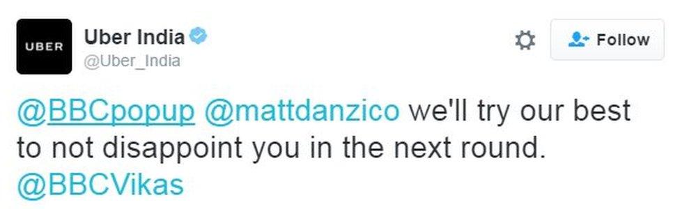 Uber India tweet responds to the "race". Text reads: @BBCpopup @mattdanzico we'll try out best to not disappoint you in the next round. @BBCVikas