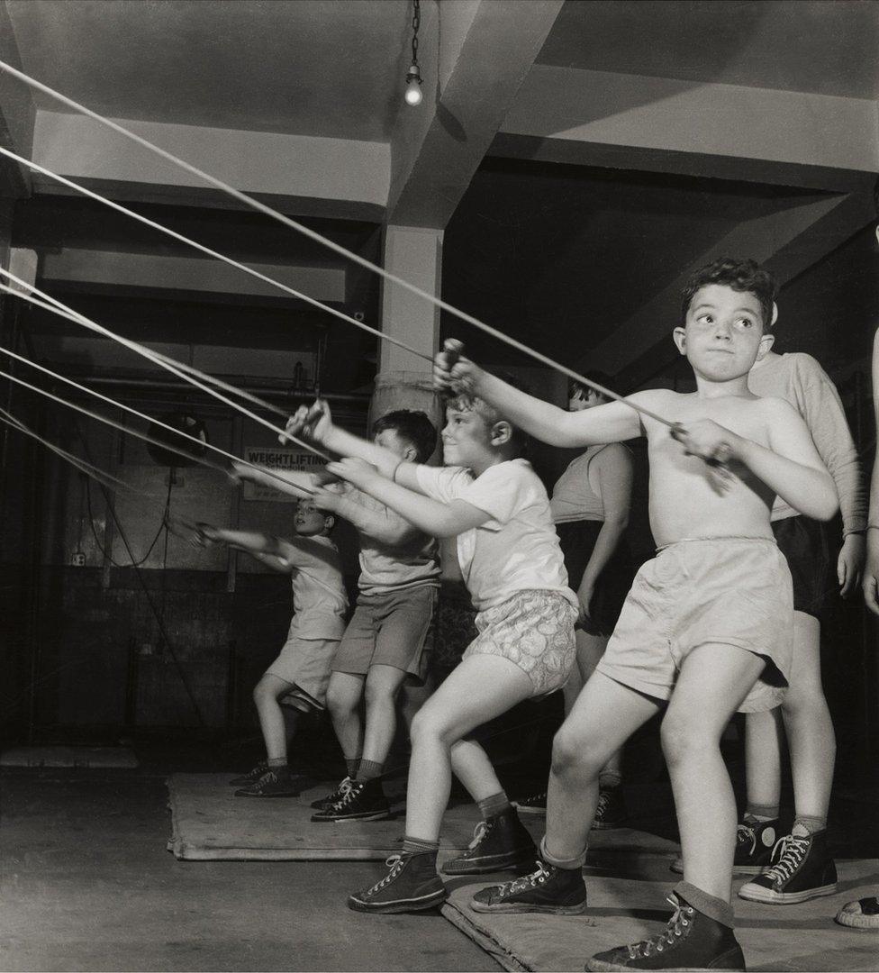 Boys exercising in the gymnasium of the Jewish Community House of Bensonhurst, Brooklyn, 1949.