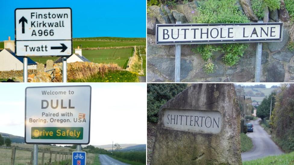 Signposts for Twatt, Butthole Lane, Dull and Shitterton