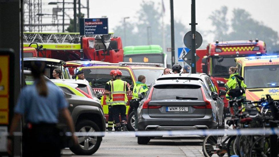 Police secure the area after two people were shot at Emporia shopping centre in Malmo, Sweden