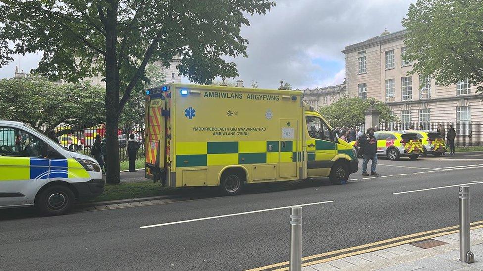 The fire and rescue service outside Cardiff University's main building